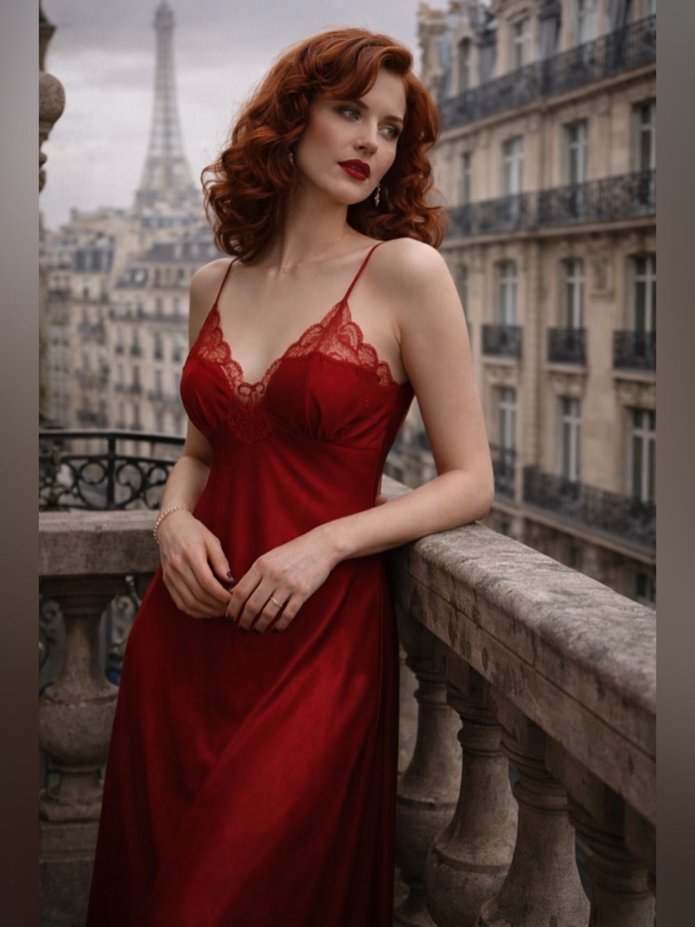 True Vintage Cherry Red Art Deco Rare European Slip Dress Gown Full Sweep Nylon